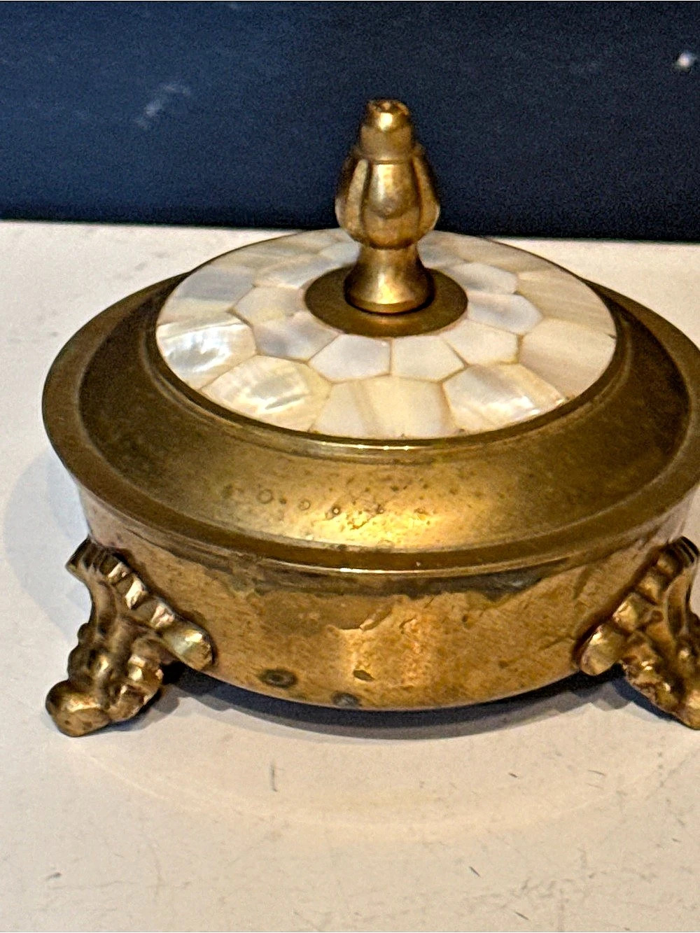 Gorgeous Vintage Brass Trinket Box: Mother of Pearl Inlay, Footed Jewelry Box)3